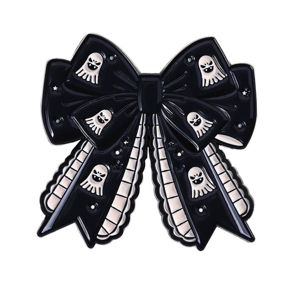 Gothic Ghost Bow Enamel Pin – Black Ribbon with Cute Spooky Ghosts